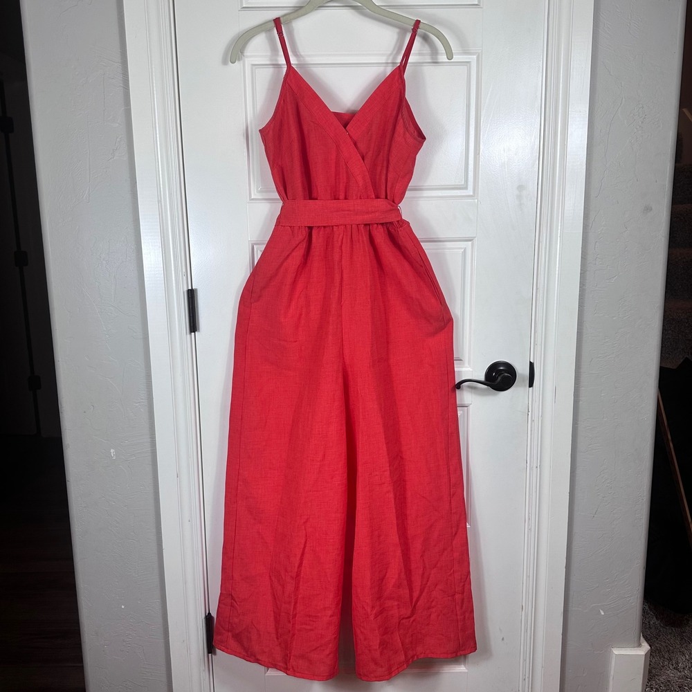 Flying Tomato Red Linen Blend Wide Leg Jumpsuit Spaghetti Strap Tie Waist